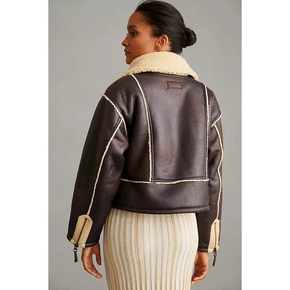 Pilcro by Anthropologie Faux Leather Jacket Womens Size XL Brown Sherpa-Lined - Picture 2 of 12